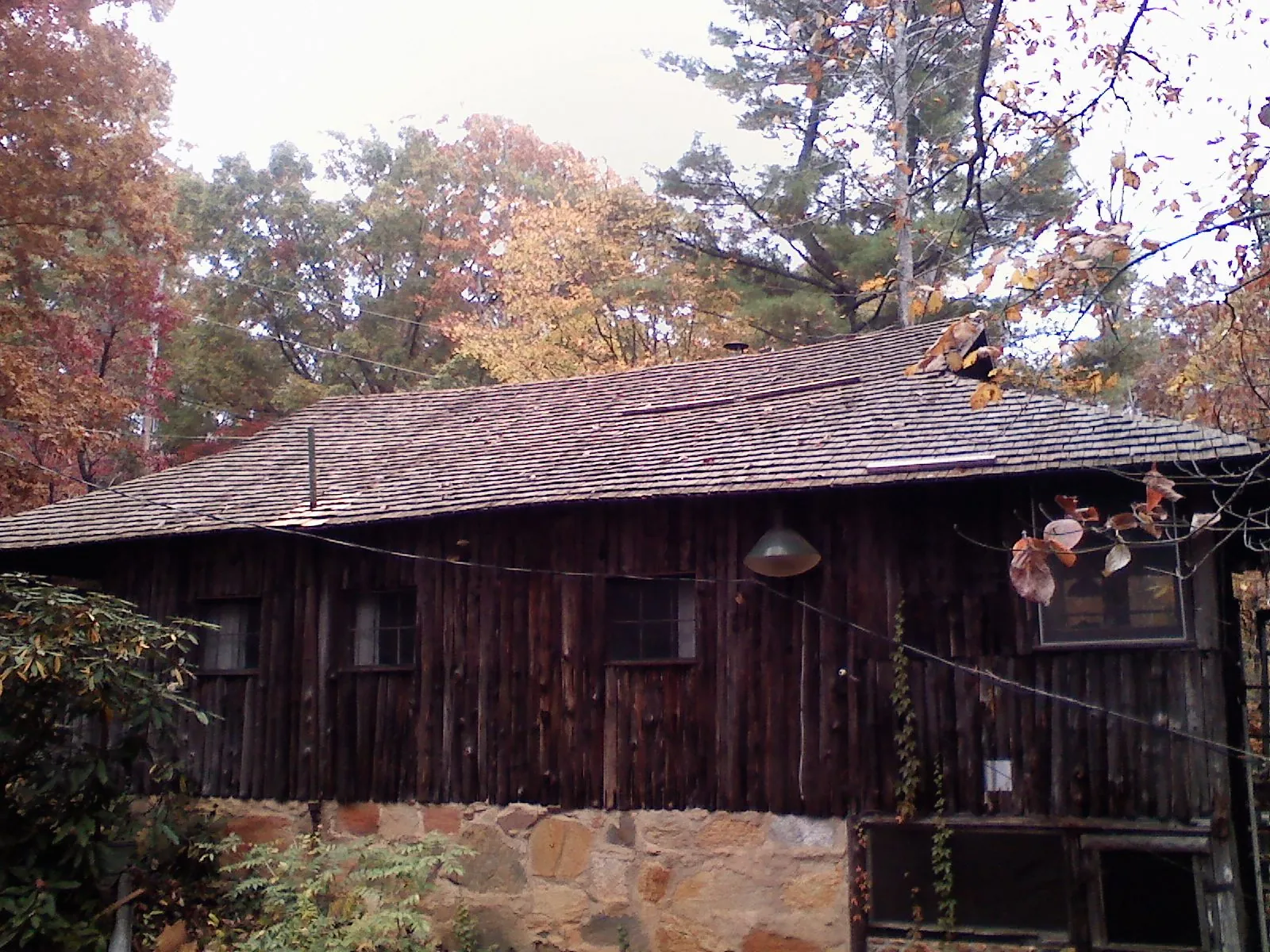 Weathered wood shake roof on a rustic board sided cabin in Carthage